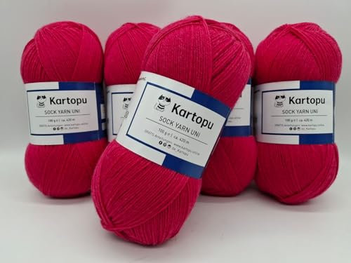 Sockenwolle Strumpfwolle einfarbig 4 fädig - 5x100gr Sparset - Strumpfwolle ist filzfrei und maschinenwaschbar, Lauflänge per Knaul 420m / 100gr - Farbe: (pinkrot)