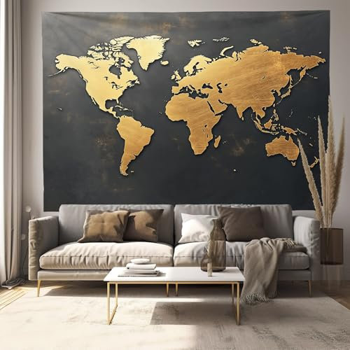 ALTCIRNMD 3D Druck Goldene Weltkarte Wandteppiche Poster Ornament Wandbehang Wandteppich Vintage-Kartenskulptur Wandbehang Für Schlafzimmer Wohnzimmer Wohnkultur Tapisseries 75X100Cm
