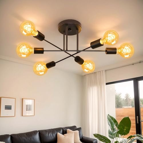 HUSTUNG Deckenlampe 6-Flammig E27, Deckenlampe wohnzimmer Schwarz, Deckenleuchte Moderne Kronleuchter für Wohnzimmer Schlafzimmer Küche (ohne Leuchtmittel)
