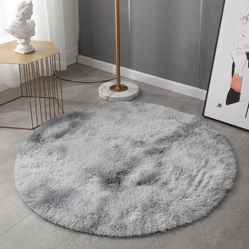 AIMECO Schlafzimmer Bereich Teppich, (Durchmesser 120cm) Nachttisch Shag,Flauschigen Teppich, Wohnzimmer, Kinderzimmer, Mädchen Schlafzimmer, Tie-dye Hellgrau