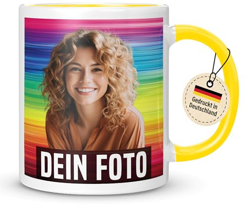 Personalisierte Tasse mit Foto, Tasse personalisiert mit Foto und Text – gedruckt in Deutschland (Gelb, Basic Druck)