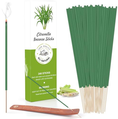 Citronella Incense Sticks 240 Count, Lemongrass Incense Sticks, Natural Refreshing Citronella Burner, With Incense Holder for Home Indoors Outdoor Garden Patio Camping