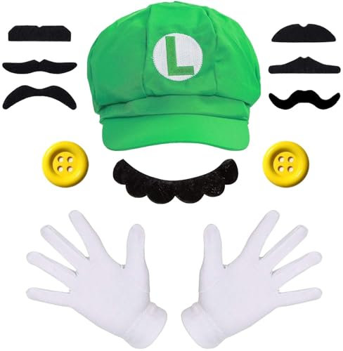 Fonyiunce Mario Kostüm Zubehör, Erwachsene Karneval Kostüm Mütze Hut Handschuhe Bart Gelbe Knöpfe, Luigi Bros Cosplay mit Mütze Hose Bart Handschuhe, für Kinder Damen Herren (green)