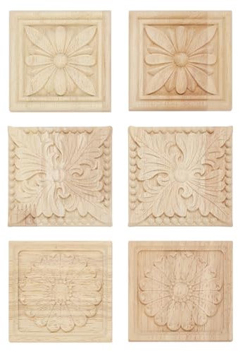 WEBEEDY 6 Stk. Holz Applikationen 3 Stile Holzgeschnitzte Ornamente 8x8cm Quadratische Holzgeschnitzte Applikationen Aufkleber Blumenmuster Unbemalte Holzapplikationen Für Möbeldekoration
