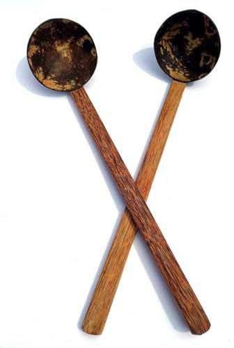Lot de 2 louches Chiratta Thavi en noix de coco, 100 % naturel, grand et petit