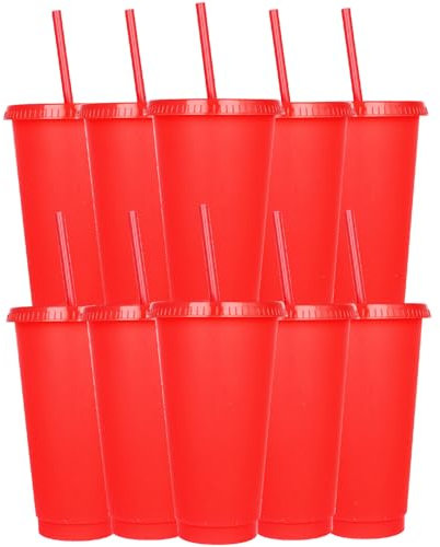 Yisituo 710ml Reusable Plastic Cups, 10 Pack Cold Cups with Lid and Straw, Tumblers Travel Mugs for Adults and Kids Party and Beach, Pool Gatherings (10, Red)
