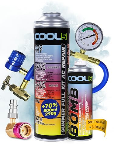 COOL5 Ersatzkältemittel r134a für Autoklimaanlagen – 1 Dose 5in1, 290g + Druckleitung mit Manometer + Adapter LP-HP + Lufterfrischer für Auto + APC 500 ml