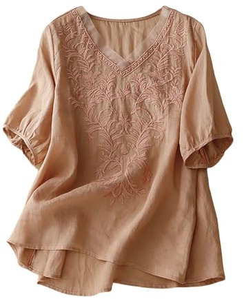 Linen Shirt Women Long Linen Tops for Women UK Plus Size Short Sleeve Tunic Blouse Retro Jacquard T-Shirts Baggy Loose Fit Shirt Lightweight Flowy Cotton Blouses