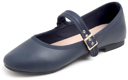 Feversole Women's Soft Breathable Mary Jane Memory Foam Cushioned Comfort Round Toe Metal Buckle Flats Walking Shoes Navy Napa Size UK 7