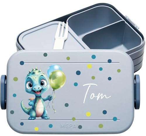 4youDesign | Personalisierte Kinder Brotdose Midi Blau mit Namen - Lunchbox Dino Motiv für Kindergarten & Schule - Brotzeitdose Mädchen Junge