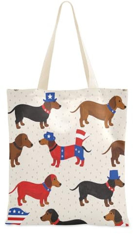 Amooorous 4. Juli Unabhängigkeitstag, braune Dackel-Canvas-Tasche mit Griffen, Einkaufstasche, Reisetasche, Einkaufstasche, Einkaufstasche für den täglichen Gebrauch, Bolsa de Lona, 4. Juli