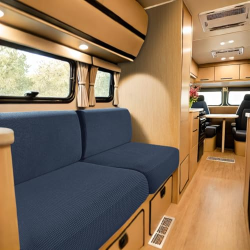SYLC Bezüge Für Wohnwagenpolster Jacquard, rutschfeste Wohnmobil Sitzbezüge Mit 2 Cord, Sofa Sitzkissenbezug Für Schonbezug Wohnwagen Polster (Denim Blue,Breite 94-122 cm, Tiefe 26-40 cm)
