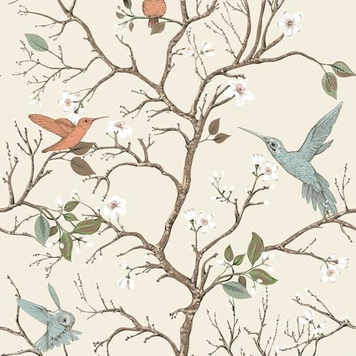 VEELIKE Tapete Vogel Creme Beige Vintage Selbstklebende Tapete Blumen Beige Chinoiserie Blumentapete Vogel Mustertapete Fototapete Schlafzimmer Tapeten Wohnzimmer Muster 44.5 cm × 300 cm