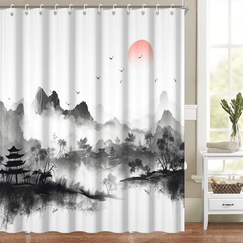 Chinese Ink Painting Shower Curtain Watercolor Black Mountain Pavilion Red Sun Flying Bird Trees Nature for Bathroom Set Decor Machine Washable Waterproof Polyester Fabric with Hooks 72x72 Inch