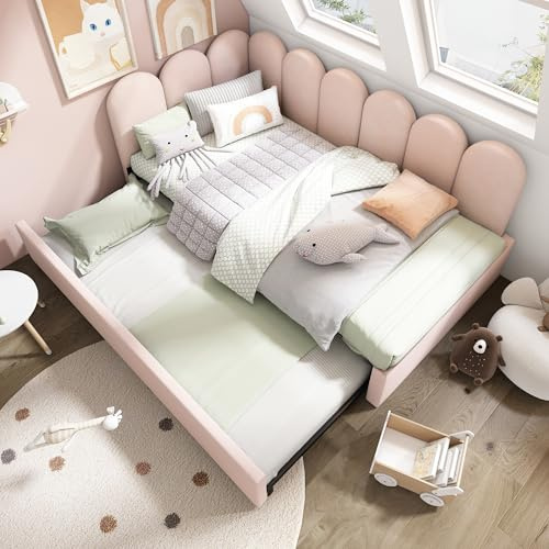Merax Polsterbett Daybett 90x200cm, Tagesbett mit Ausziehbett, Doppelbett Gästebett Jugendbett, Kinderbett mit Lattenrost, Schlafsofa, Samt, Rosa, ohne Matratze