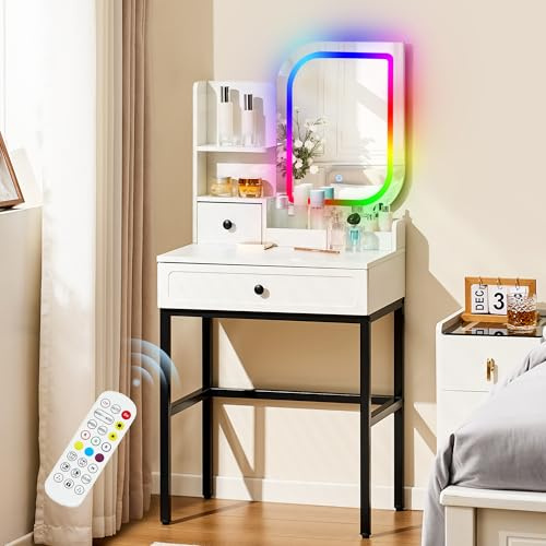 CLIPOP RGB Schminktisch mit musikgesteuerter Beleuchtung, Modern Weiß | Verstellbare LED-Beleuchtung, 2 Schubladen und 2 offene Fächer, Für Schlafzimmer, Kleiner Frisiertisch