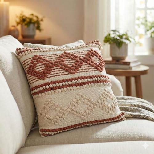 TreeWool Baumwoll-Kissenbezug im Boho-Stil, Gewebt, für Sofa & Wohnzimmer (45 x 45 cm, Kaavi/Rost und Naturcreme, 1 Stück) – ohne Füllung