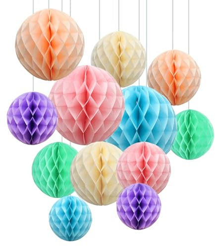 ZYOOO 12pcs Paper Honeycomb Balls, 15/25cm Tissue Paper Hanging Balls for Birthday Party Wedding Baby Shower Easter Decorations (Pastel Rainbow)