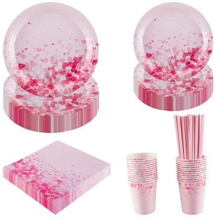 CEILIWEN Set di stoviglie per feste a tema cuore rosa per 25 ospiti, con piatti di carta, bicchieri, tovaglioli e cannucce, per San Valentino, festa della mamma, compleanno, matrimonio, baby shower