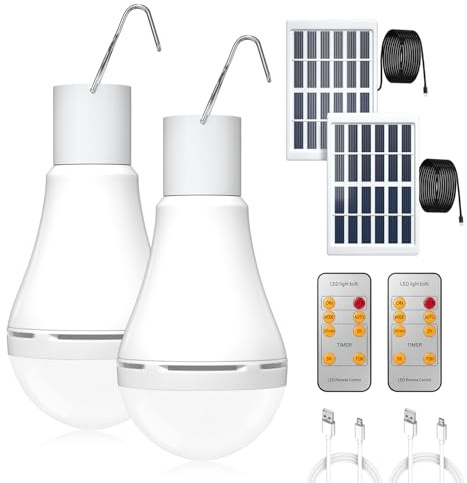 Klarlight Solarlampen für Außen Hängend mit Panel, 5W LED Solar Glühbirne, USB C Aufladbare Glühbirne, Solarleuchte Hängend für outdoor,innen,Camping Zelt,Shed,hühnerstall,Garten,Angeln,Wandern,2Stück