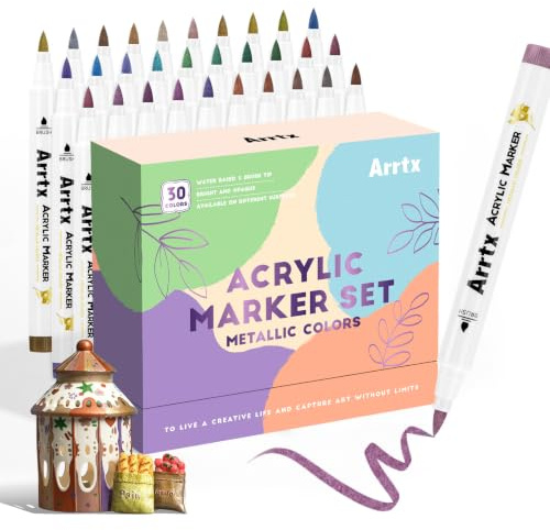 Arrtx Metallic-Acrylfarbstifte, 30 Farben wasserfeste Acrylmarker zum Bemalen von Steinen, Keramik, Glas, Leinwand, Tassen, Holz, Ostereiern und DIY-Bastelarbeiten