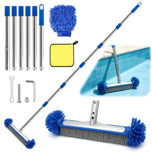 TZEKING Cepillo Piscina con pertiga 230cm,Cepillo para Limpiar Piscinas 43cm,Kit Extremos Redondos,con Extremos Curvos,Borstels Reinigen Wanden,Tegels en Vloeren Moeiteloos