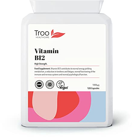 Troo Health Care Vitamin B12 Methylcobalamin Supplement 1 mg - 120 Easy | Swallow Daily Capsules - High Strength 1000 mcg per Capsule – Energy and Nervous System Support - UK Made to GMP Standards