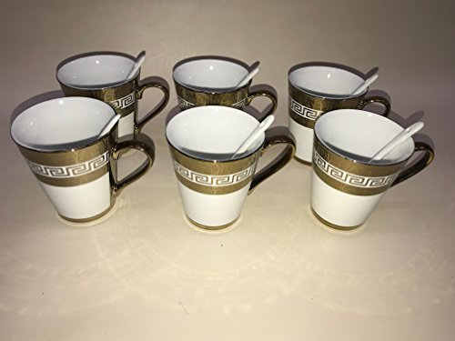 12 Tlg: Medusa Kaffee Becher mit Löffel für 6 Personen Tassen Geschirr Tafel Set Porzellan Gold mit Styl 6 x Becher + 6 x Löffel NEUHEIT Sehr EDEL Mäander