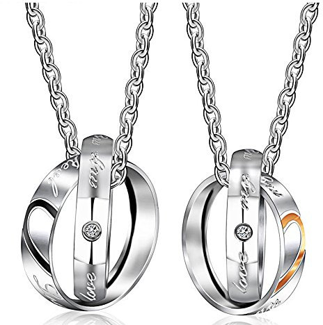 Kim Johanson Pärchen Halsketten My Only Love für verliebte aus Edelstahl mit doppelten Ringen und Gravur inkl. Schmuckbeutel