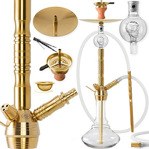 DILAW® Shisha Set Saphir Gold, Edelstahl 75cm Wasserpfeife Profi Hookah Komplett Set bis 3 Anschlüsse inkl. Bowl, Kaminkopf, Molassefänger, Silikonschlauch, Alu Mundstück, Tonkopf, Kaminaufsatz, Zange