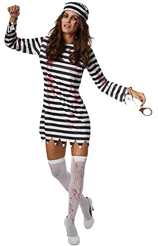 dressforfun 900440 - Damenkostüm gruselige Sträflingsbraut, Schwarz-weiß gestreiftes Kleid mit Blutflecken (S | Nr. 302260)