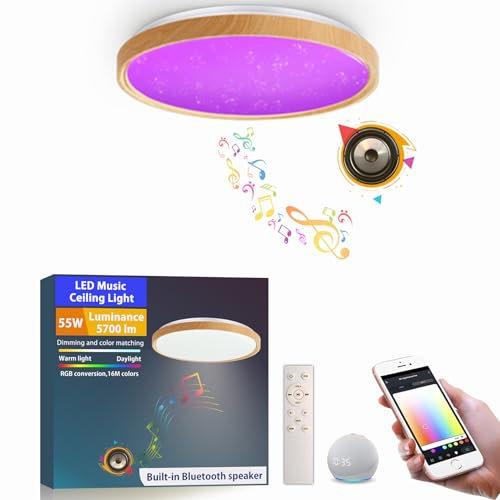 chysongoods 50CM MW LED-Musikdeckenleuchte, Lampenschirm in Holzmaserungsoptik, kompatibel mit Alexa, integrierter Bluetooth-Lautsprecher, RGB-Lichteffekt, dimmbar, mit Fernbedienung