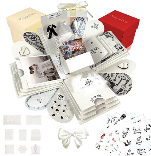HAPPY BOX ® – Überraschungsbox – hochwertiges Papier & Verarbeitung – Explosionsbox mit modernen Stickern und Stift – DIY Box – Explosionsbox Hochzeit inkl. Anleitung (Creme-Weiß)