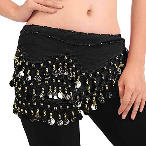 FLOFIA 1 Stück Damen Bauchtanz Gürtel Chiffon Hüfttuch Bauchtanz Münztuch Bauchtanz Münzgürtel Tanztuch Bauchtanz Kostüm mit 128 Münzen für Mädchen Frau Schwarz