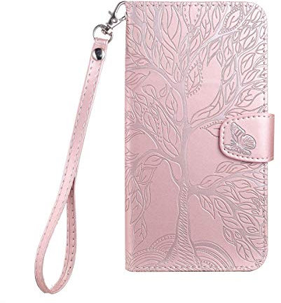 Norn iPhone 7 Plus/8 Plus Case: Tree of Life Embossed Folio Flip PU Leather Wallet Case with Stand Function, Magnetic Closure, Shockproof Protection, Card Slots, Pink