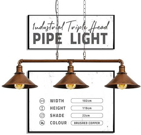Retro Style Pewter, Brass & Copper Metal 3 Way Bar Over Table Water Pipe Style Ceiling Light Fitting Vintage Industrial Suspended Pendant Lamp for Living Room (Gebürstetes Kupfer, Mit Glühbirne)