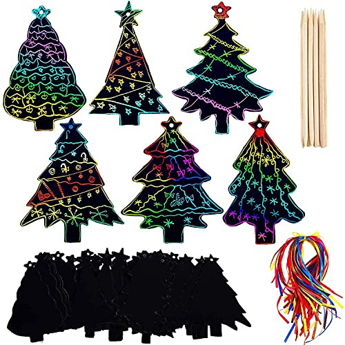 48 Stück Kratzbilder für Kinder, Weihnachten Kratzpapier,Weihnachten Kratzbilder Set für Kinder Regenbogen Kratzpapier Set,für Weihnachten Weihnachtsbaum Deko