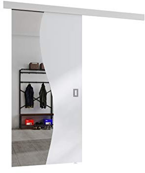 Mirjan24 Fala Kit complet de porte coulissante avec miroir avant pour portes coulissantes, cloisons intérieures, porte coulissante universelle avec fermeture automatique (blanc + miroir, modèle 80)