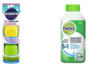 Ecozone Dryer Cubes, Tumble Dryer Balls - new softer material with variable node design. Pack of 2 & Dettol Original Antibacterial Washing Machine Cleaner 250ml