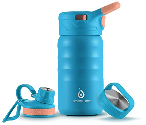 IDEUS Insulated Water Bottle 360ml/12oz, Stainless Steel Water Bottle for School, Insulated Bottles with Straws Leakproof, Vacuum Double Wall Water Bottles for Boys and Girls with 2 Lids, BPA Free