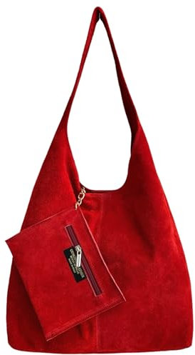 Modarno Borsa a tracolla da donna in pelle scamosciata pochette, borsa a tracolla, shopper, da donna, in vera pelle (Rosso)