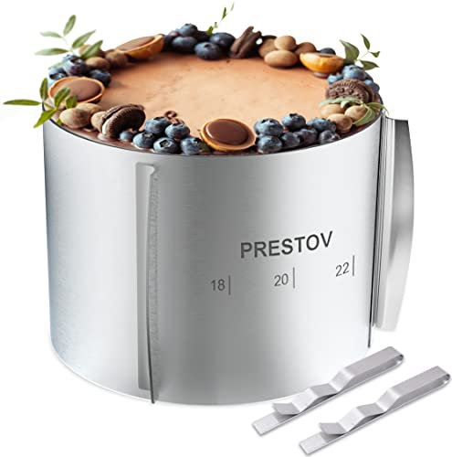 PRESTOV Tortenring Verstellbar 15cm profi Tortenring hoch - Am besten für hohe und mehrschichtige Kuchen-16-30cm Backring - eingravierter Skala und Befestigungsclips -Edelstahl mit Abgerundeten Kanten