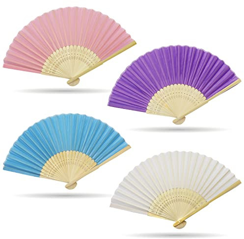 Grantop 4 Pcs Black Folding Hand Fan, Silk Fabric Bamboo Ribs Handheld Fan, Folding Chinese Fan for Wedding Christmas Party Prom Festival DIY Home Decorations (Multicolor)