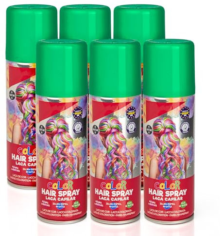 Pack 6 Laca de Pelo Color Verde 125ml - Spray Colores para Cabello Rápida coloración, Lavable