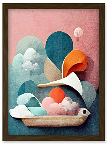 Doppelganger33 LTD Modern Boho Abstract Ship In Sky Clouds In Pastel Colours Toilet Artwork Framed Wall Art Print A4