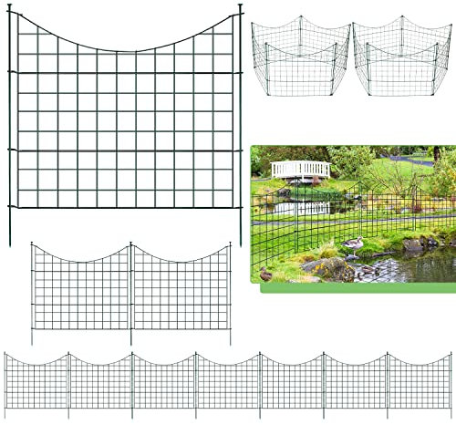 Cecaylie Teichzaun, Gartenzaun mit 10 Zaunelemente und 12 Befestigungsstäben, Steckzaun Metall, Gitterzaun Set ür den Garten, Zaun für Hunde, Unterbogen