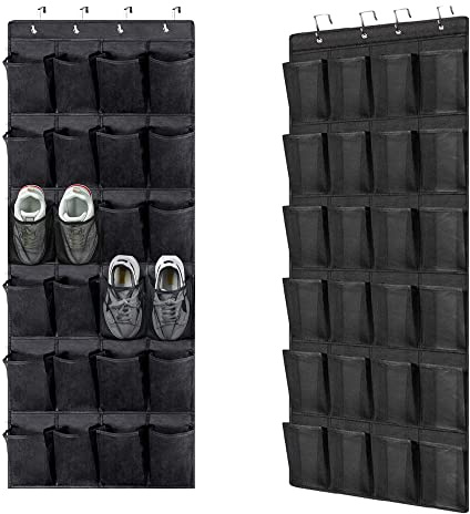plastific Over the Door Shoe Storage Organiser Hanging Shoe Rack Holder Bag Wall Mounted with 24 Large Mesh Pockets for Wardrobe Door Slippers Tidy with Hanger (Black)
