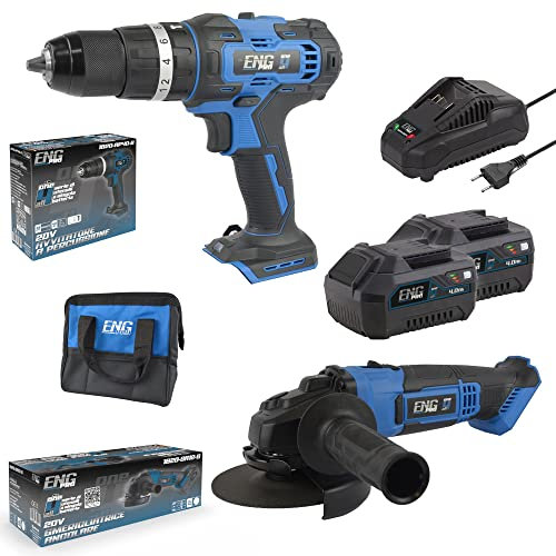 Kit ONE4ALL 2 Batterie 4.0Ah Trapano Avvitatore A Percussione A Batteria Mandrino Autoserrante 13mm + Smerigliatrice Angolare Con Disco Da 125 mm Con Accessori - ENG PRO