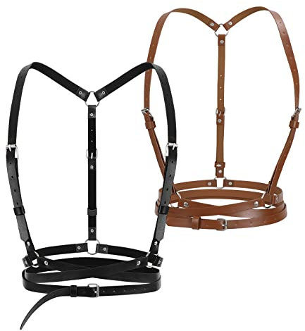LEACOOLKEY Damen Schwarzer Punk Geschichtet Körperkette Gürtel PU-Leder Halsband Halloween
