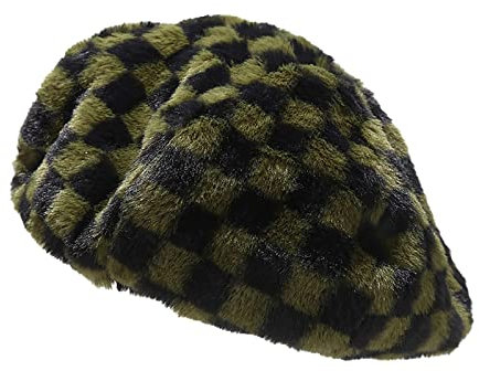 Cockjun Damen Mode kreative Schachbrett Plaid verdicken warme Plüsch Baskenmütze Mode lässig h Print Leopard Baskenmütze Armeegrün